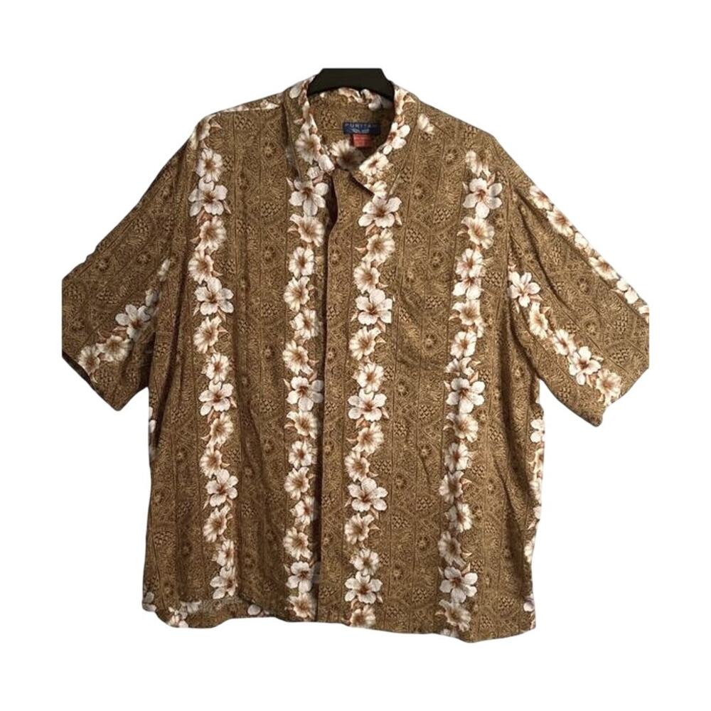 Puritan Mens Shirt 2XL Hawaiian Beige Floral Button Up Short Sleeve Collar Aloha